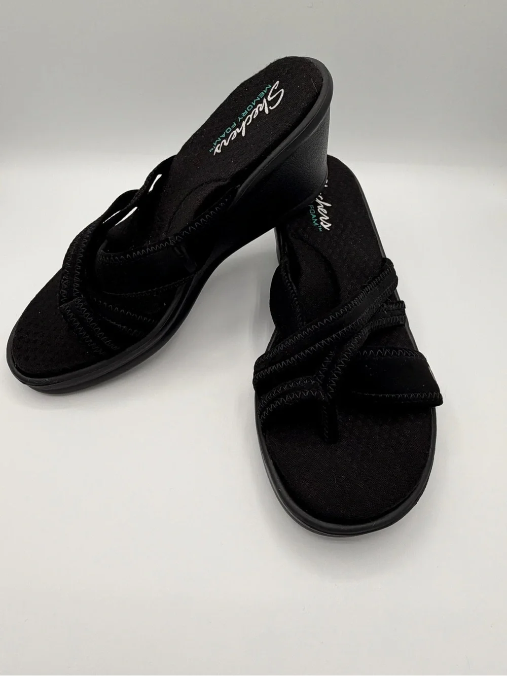 Skechers Black Women's Slip-On Wedge Sandals with Crisscross Straps
